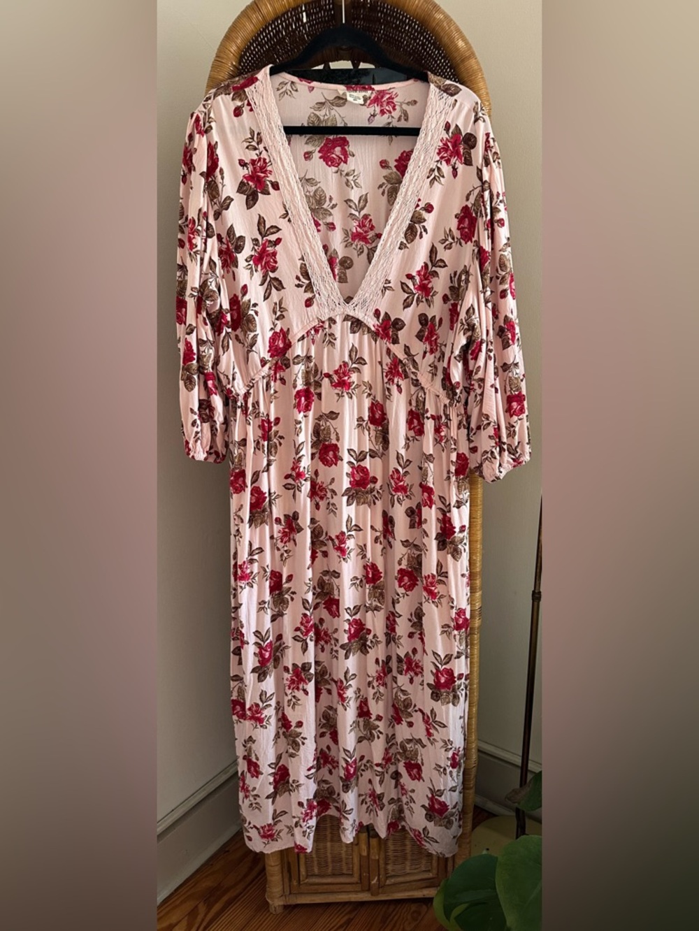 Romantic Gypsy Floral Boho Maxi Dress Deep V Rayon Made in India 3X